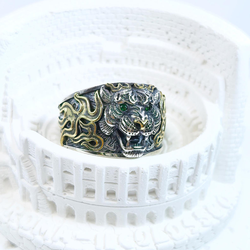 Handmade S925 Sterling Silver Tiger Head Ring – Green Eyes & Gold Detailing – Men’s Gothic Animal Jewelry