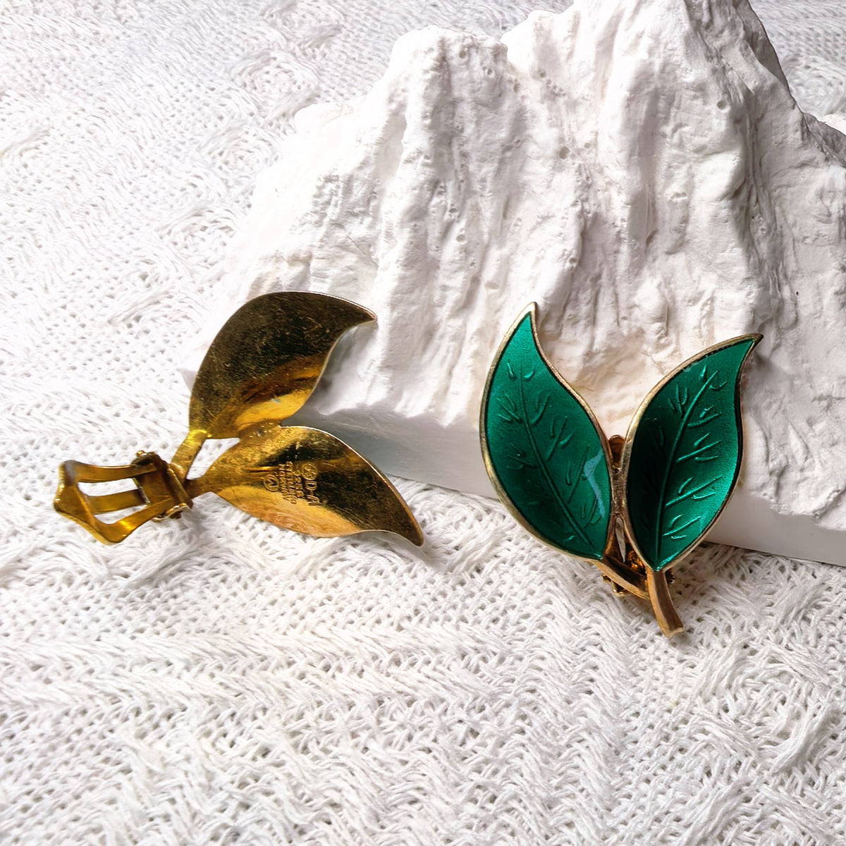 Vintage David Andersen Norway Green Enamel Double Leaf Clip On Earrings Sterling