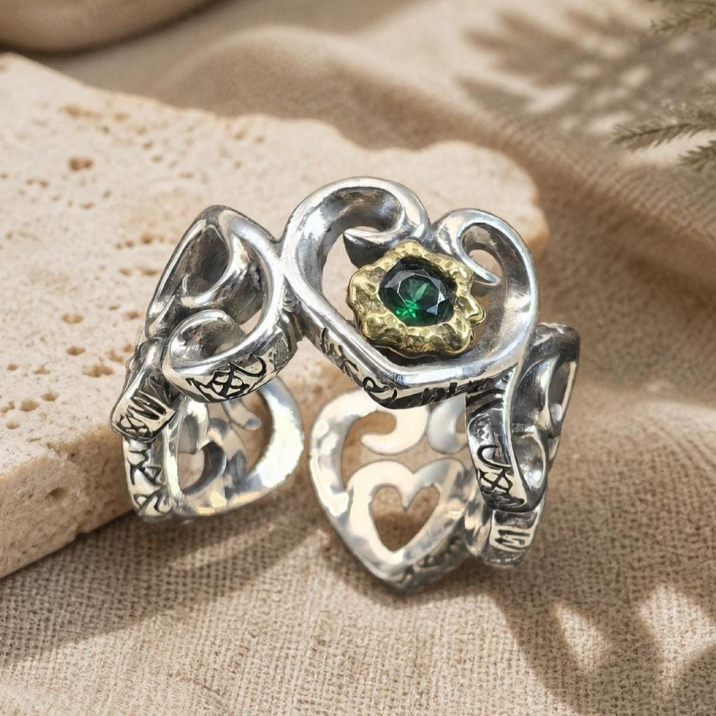 S925 Sterling Silver Heart Ring with Green Stone-Adjustable Size-Vintage Design