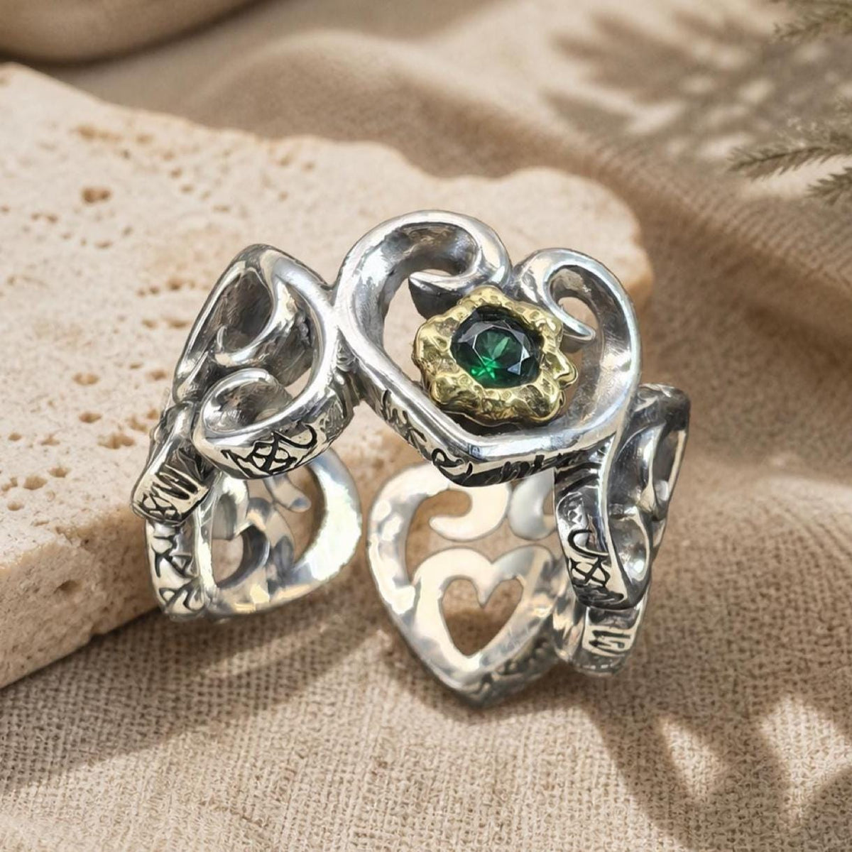 S925 Sterling Silver Heart Ring with Green Stone-Adjustable Size-Vintage Design