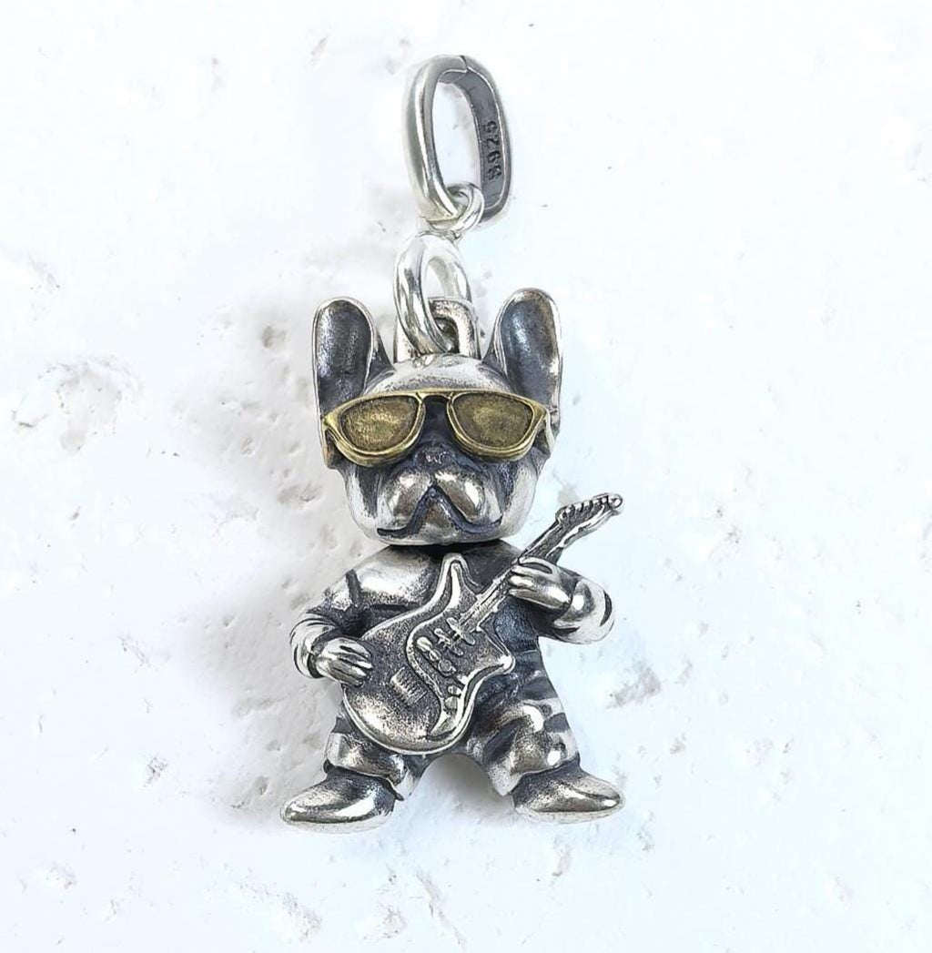 Sterling Silver Bulldog Guitar Pendant: Custom Engraved Dog Lover Necklace