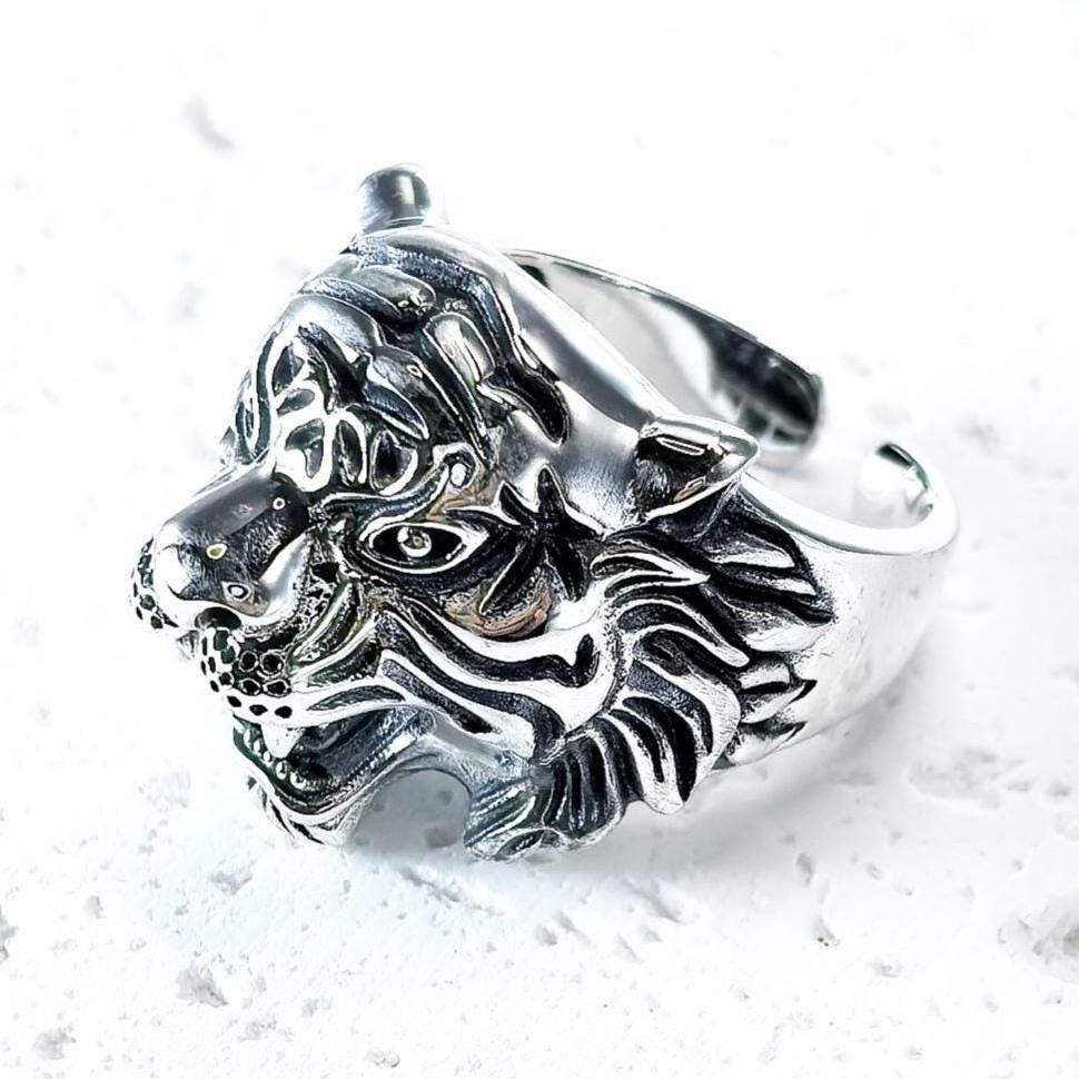 Handmade S925 Sterling Silver Tiger Head Ring, Gothic Biker Jewelry
