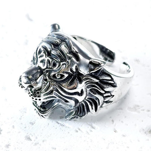 Handmade S925 Sterling Silver Tiger Head Ring, Gothic Biker Jewelry