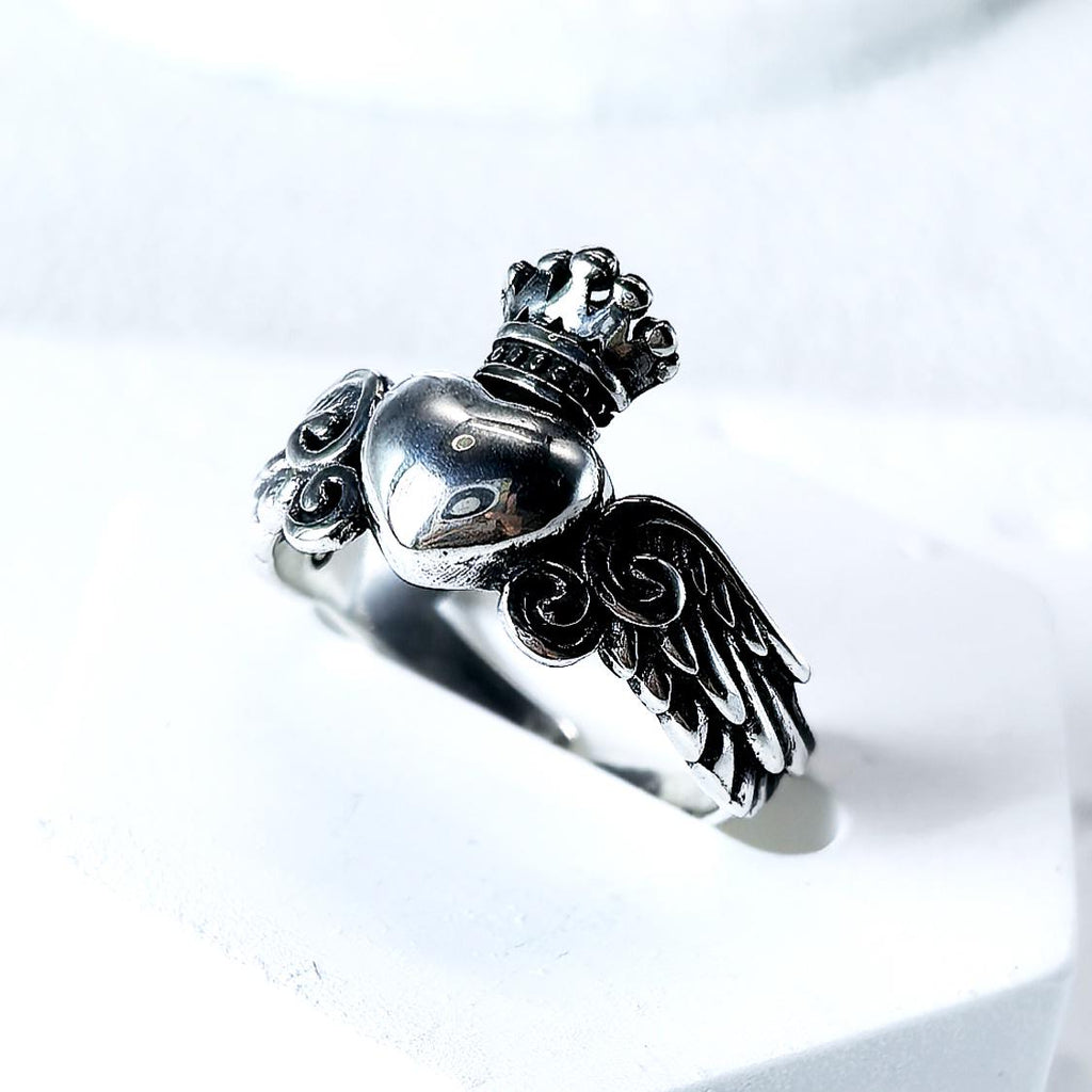 Sterling Silver Crowned Heart Ring – Winged Claddagh Style, Adjustable Band