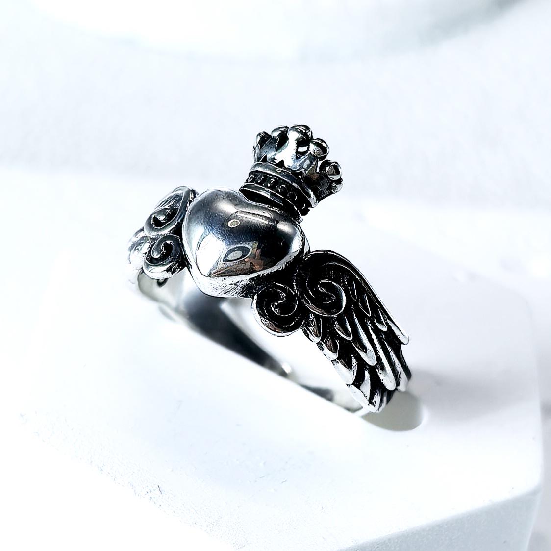 Sterling Silver Crowned Heart Ring – Winged Claddagh Style, Adjustable Band