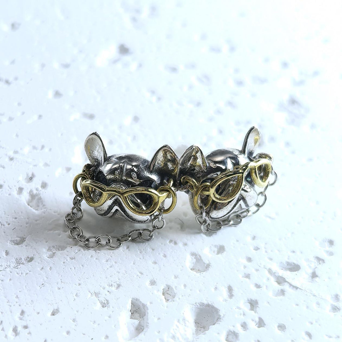 925 Sterling Silver Bulldog Stud Earrings Movable Gold Tone Glasses Chain Detail French Bulldog Earrings Dog Lover Gift Jewelry