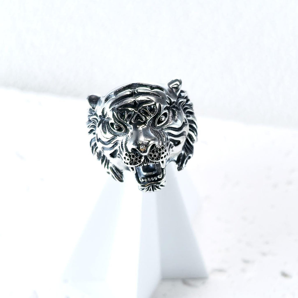 Handmade S925 Sterling Silver Tiger Head Ring, Gothic Biker Jewelry