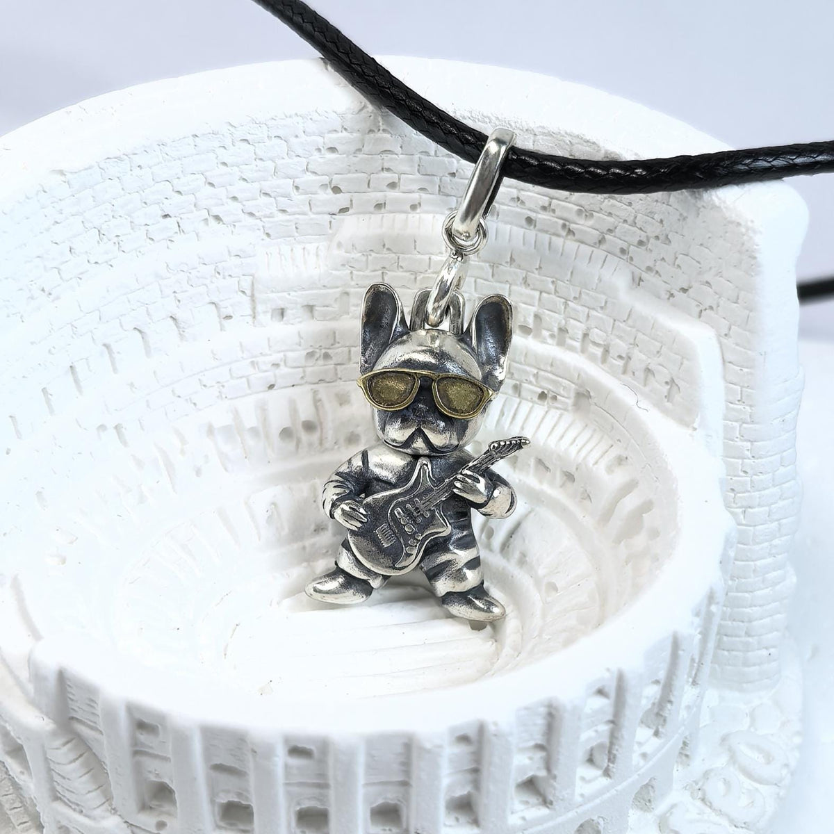 Sterling Silver Bulldog Guitar Pendant: Custom Engraved Dog Lover Necklace