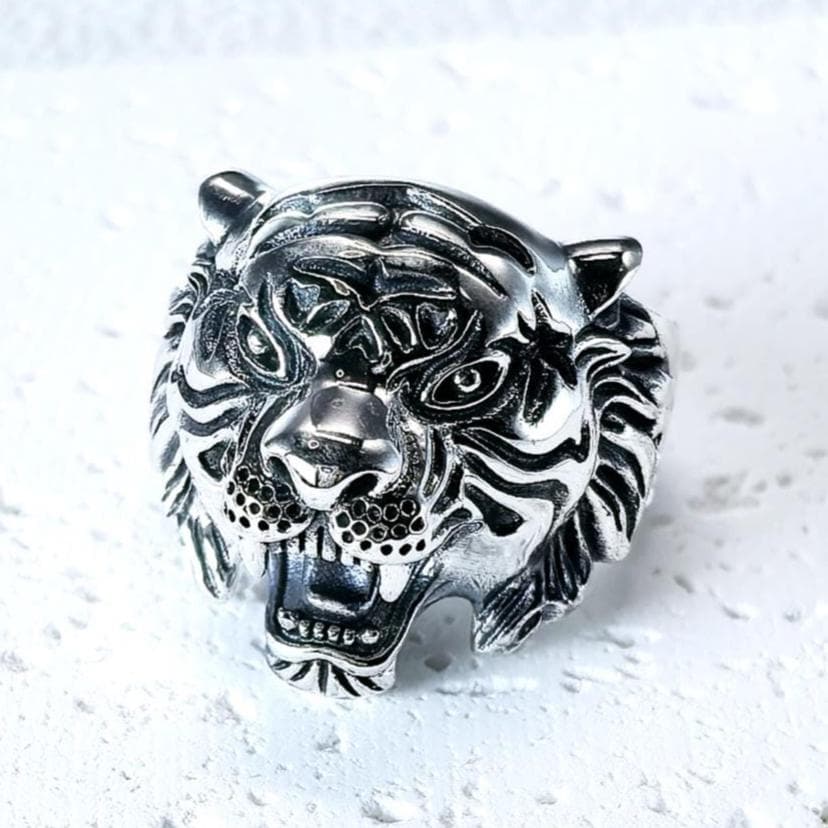 Handmade S925 Sterling Silver Tiger Head Ring, Gothic Biker Jewelry