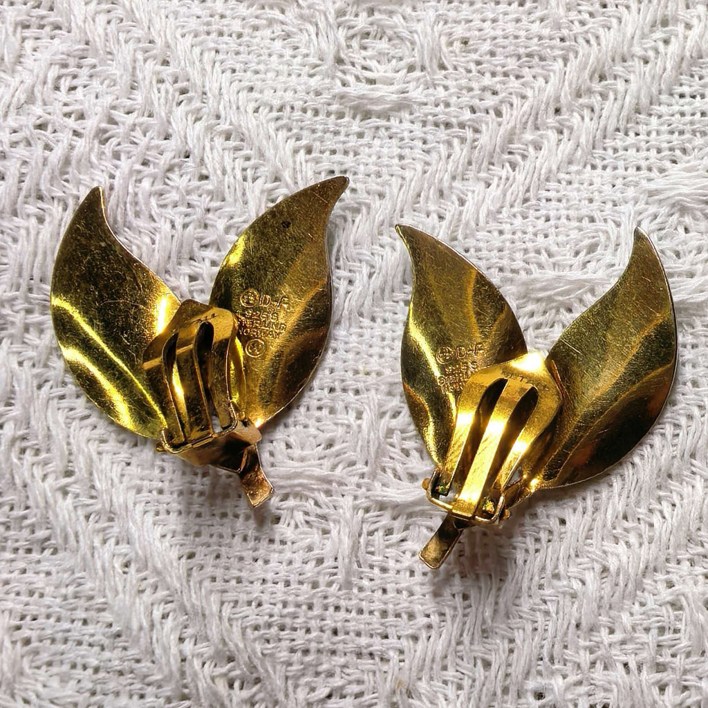 Vintage David Andersen Norway Green Enamel Double Leaf Clip On Earrings Sterling