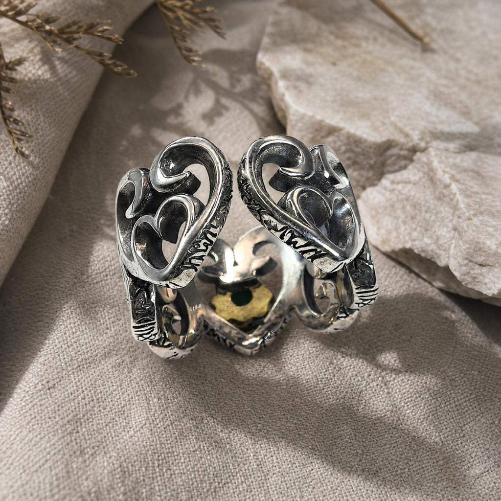 S925 Sterling Silver Heart Ring with Green Stone-Adjustable Size-Vintage Design