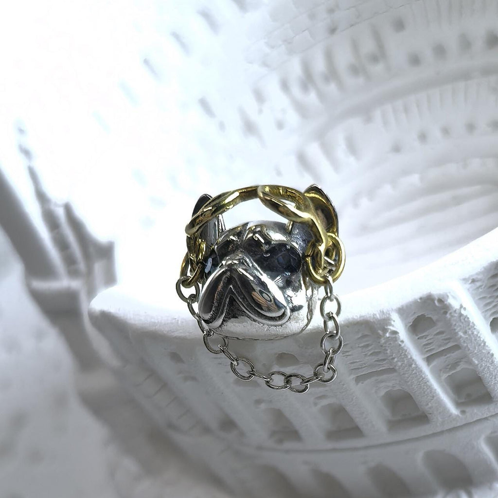 925 Sterling Silver Bulldog Stud Earrings Movable Gold Tone Glasses Chain Detail French Bulldog Earrings Dog Lover Gift Jewelry