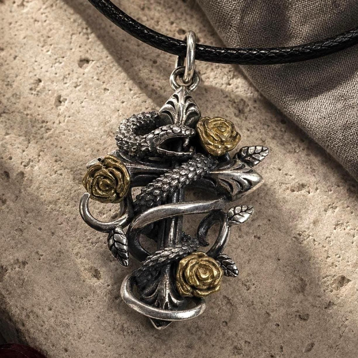 S925 Sterling Silver Snake & Rose Cross Pendant – Gothic Medieval Style Jewelry Free Customization Engraving