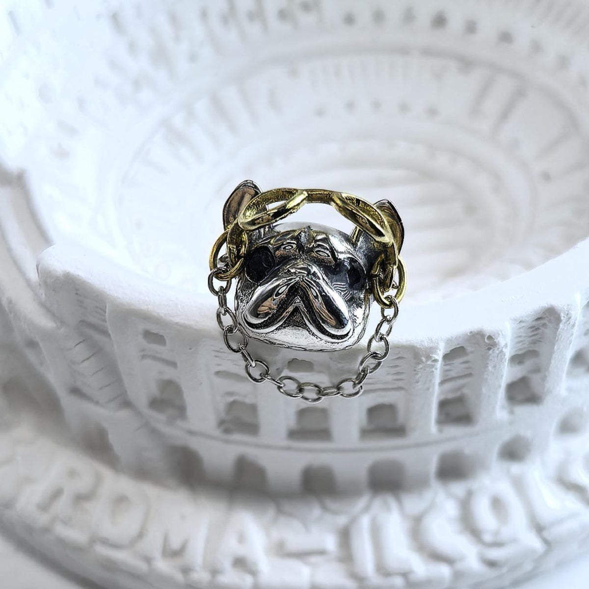 925 Sterling Silver Bulldog Stud Earrings Movable Gold Tone Glasses Chain Detail French Bulldog Earrings Dog Lover Gift Jewelry