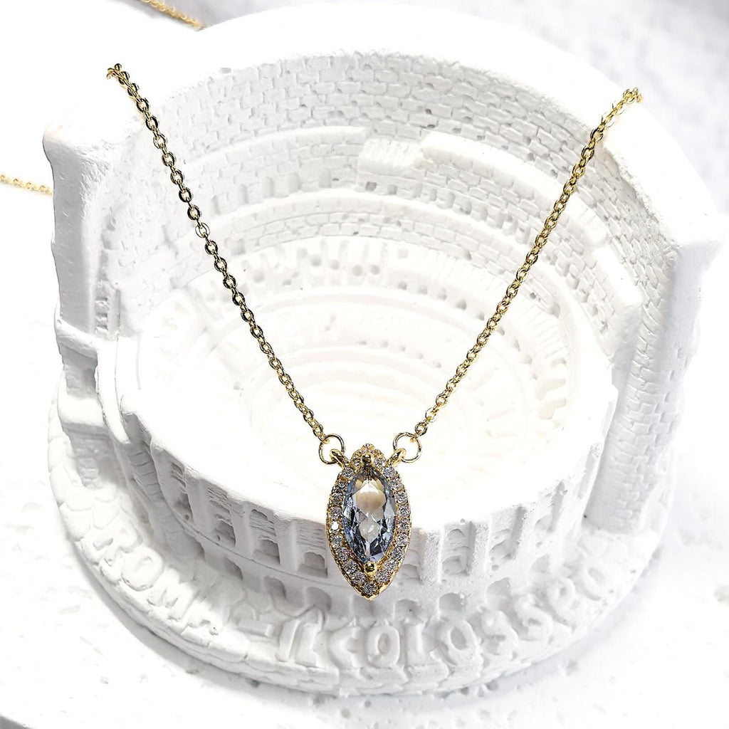 Eye of the Ocean- Natural Aquamarine S925 Sterling Silver Necklace with 18K Gold-Plated Zircon Border