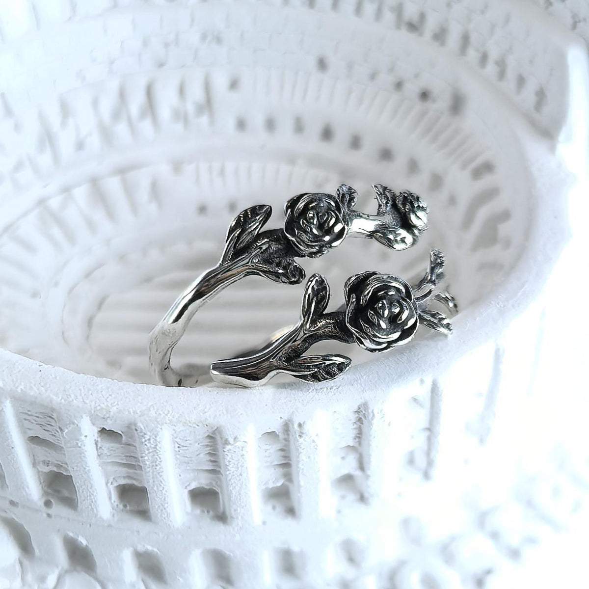 Vintage Victorian Style S925 Sterling Silver Rose Flower Ring – Adjustable