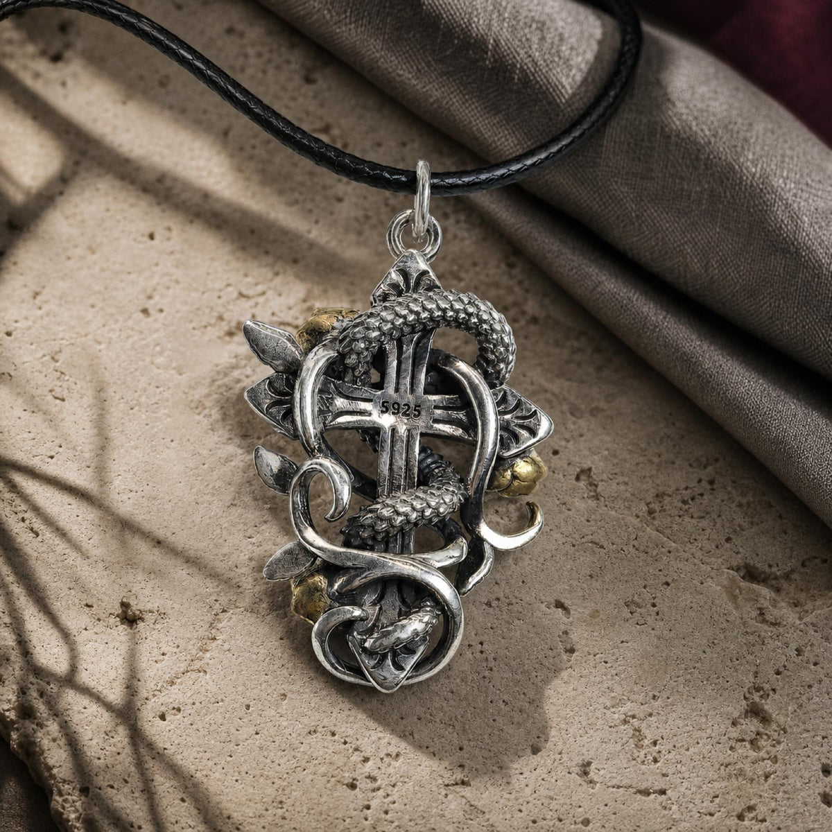 S925 Sterling Silver Snake & Rose Cross Pendant – Gothic Medieval Style Jewelry Free Customization Engraving