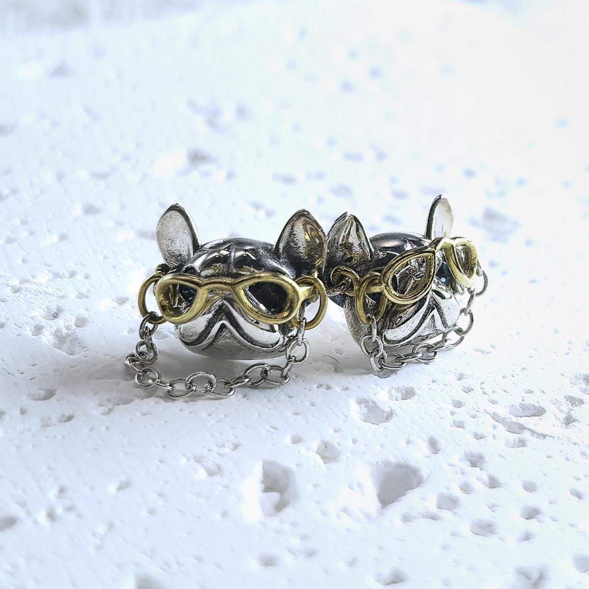 925 Sterling Silver Bulldog Stud Earrings Movable Gold Tone Glasses Chain Detail French Bulldog Earrings Dog Lover Gift Jewelry