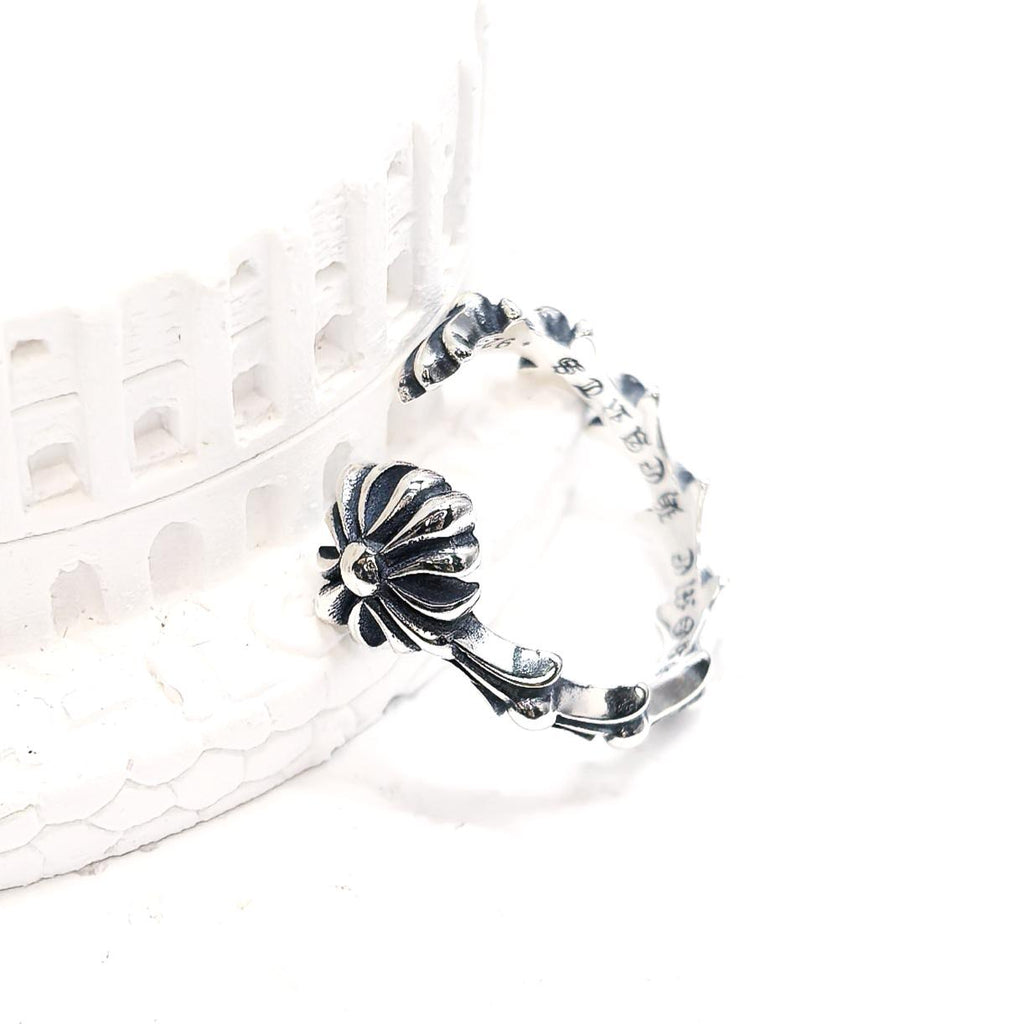 925 Sterling Silver Gothic Cross Flower Ring Oxidized Silver Open Ring Vintage Style Floral Statement Jewelry