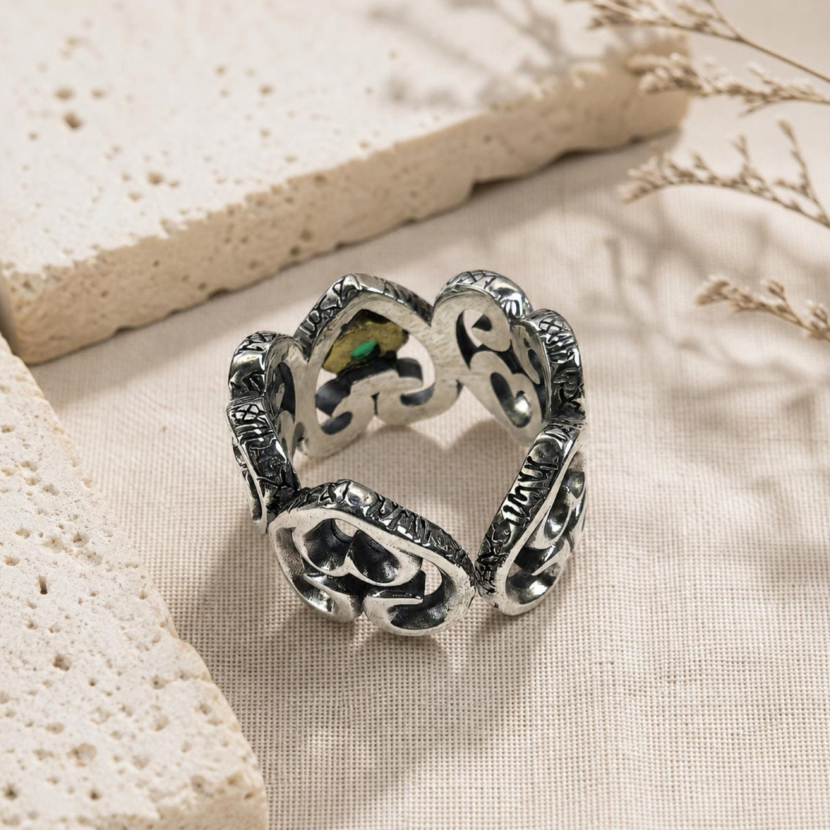 S925 Sterling Silver Heart Ring with Green Stone-Adjustable Size-Vintage Design