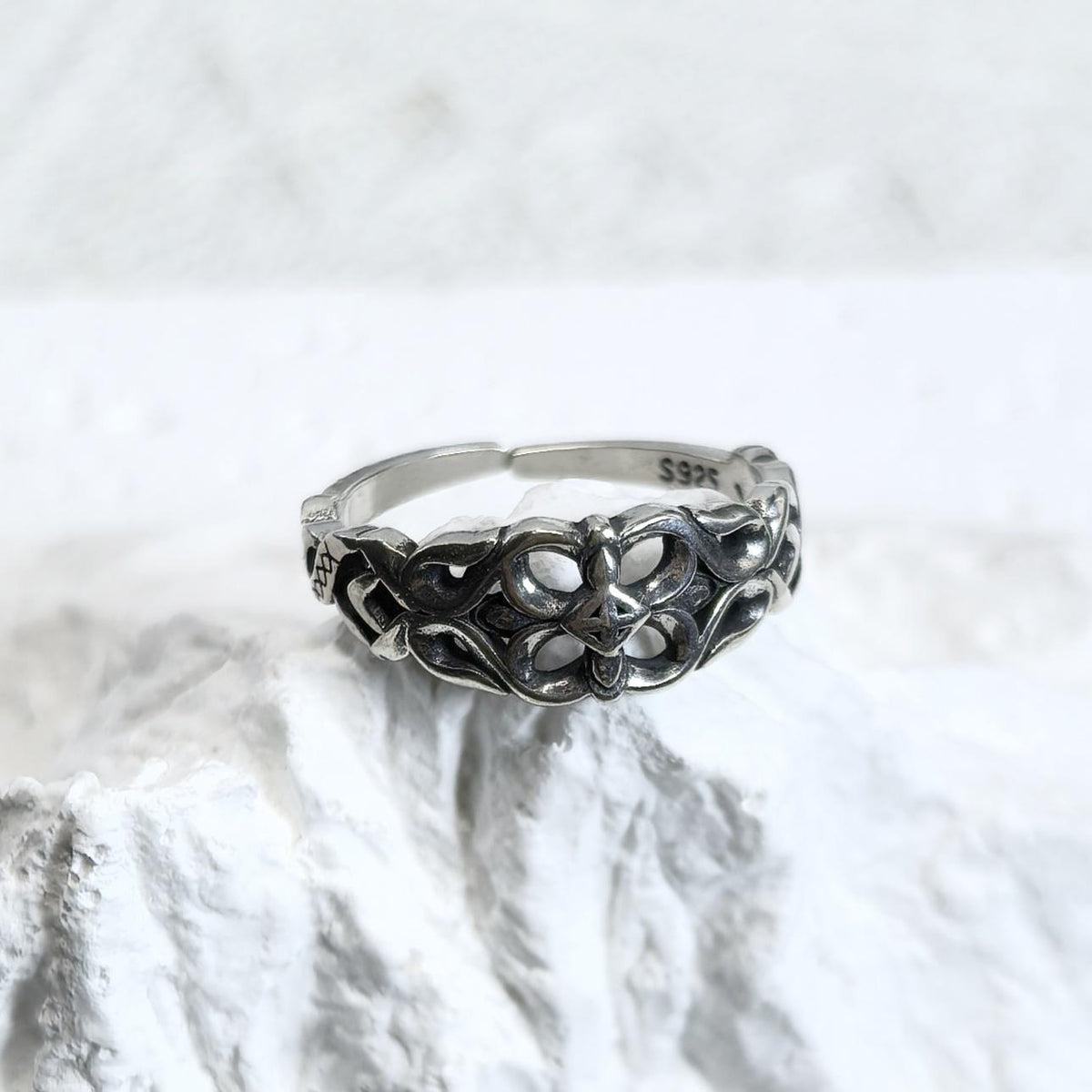 925 Sterling Silver Oxidized Floral Vine Ring Vintage Style Openwork Band Gift