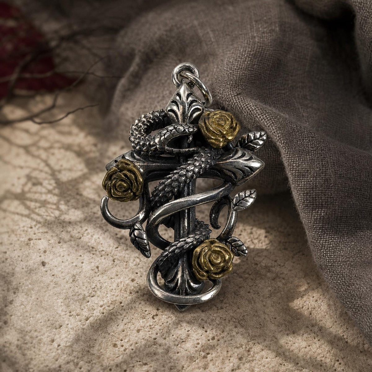 S925 Sterling Silver Snake & Rose Cross Pendant – Gothic Medieval Style Jewelry Free Customization Engraving