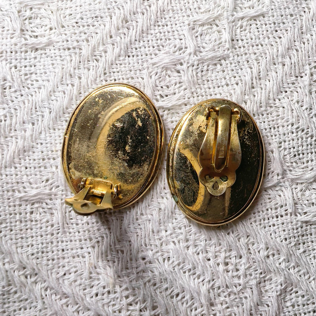 Rare Pair- Vintage Whiting & Davis Earrings Signed Gold Tone Georgian Couple Portrait Earrings 18th Century Scene Jewelry
