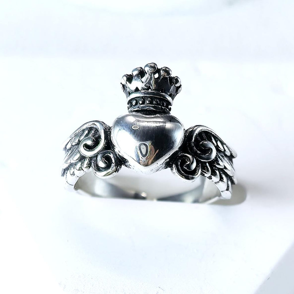 Sterling Silver Crowned Heart Ring – Winged Claddagh Style, Adjustable Band