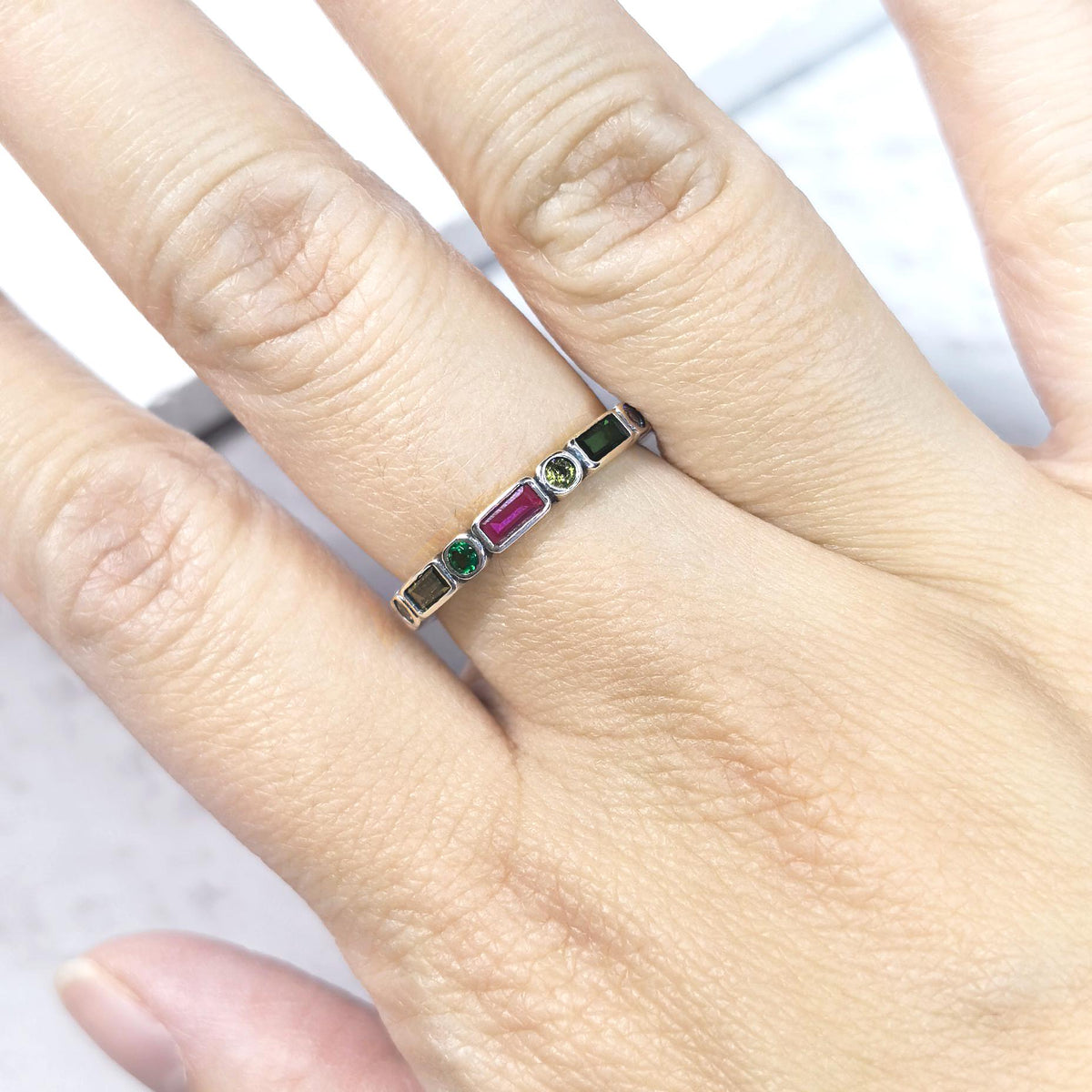 925 Sterling Silver Colorful Zircon Open Ring Rainbow Adjustable Stacking Band