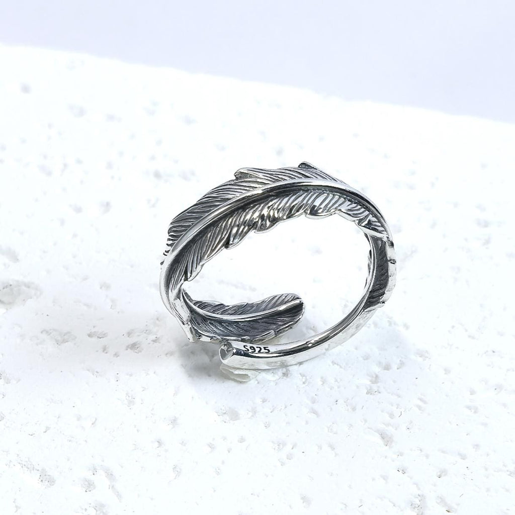 S925 Sterling Silver Feather Ring – Adjustable Band Custom Free Engraving