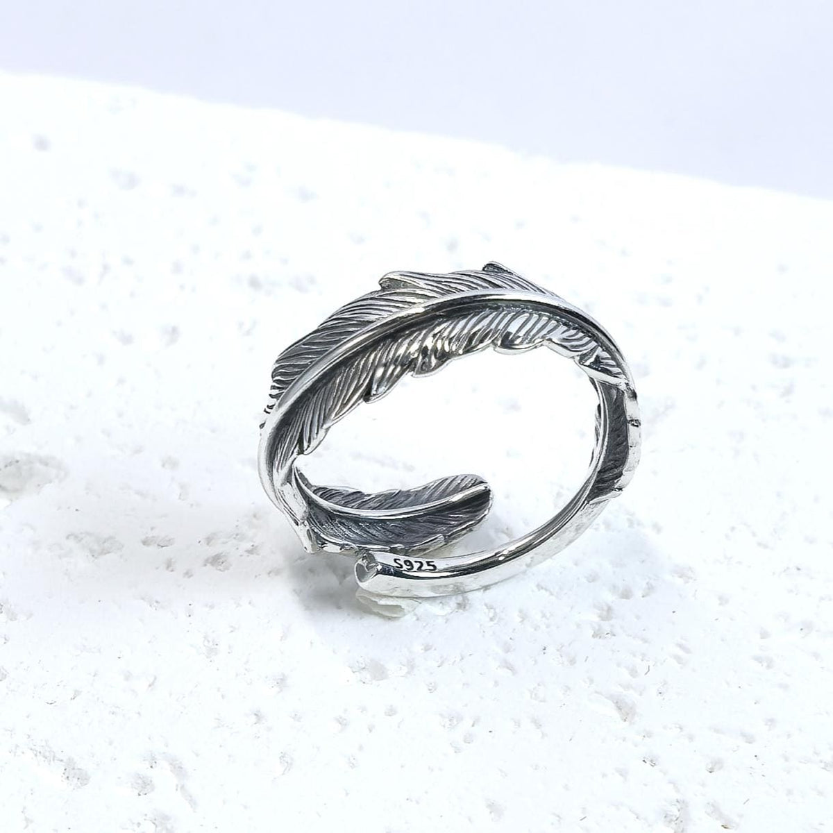 S925 Sterling Silver Feather Ring – Adjustable Band Custom Free Engraving