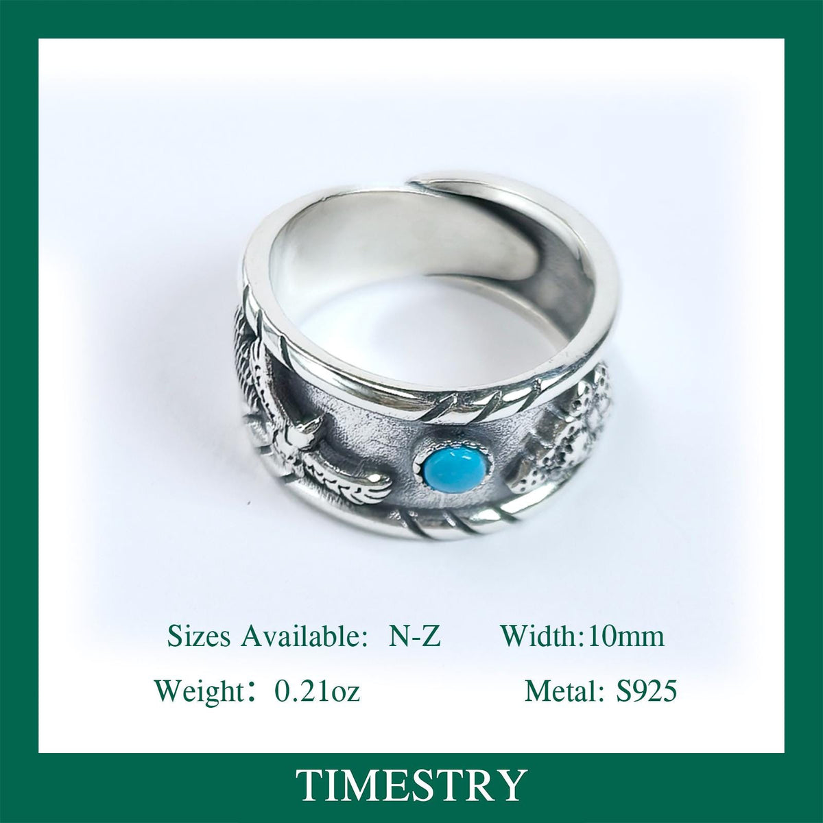 S925 Sterling Silver Turquoise Ring – Eagle Design Band Custom Engraved