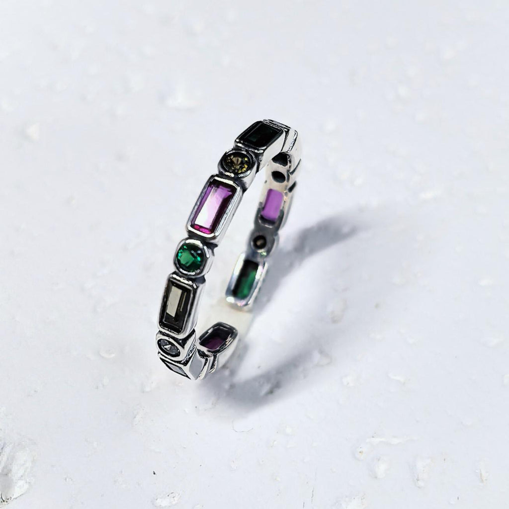 925 Sterling Silver Colorful Zircon Open Ring Rainbow Adjustable Stacking Band