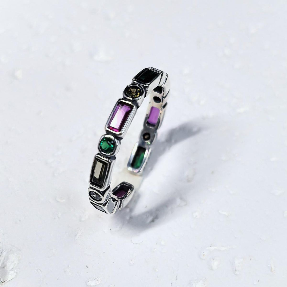 925 Sterling Silver Colorful Zircon Open Ring Rainbow Adjustable Stacking Band