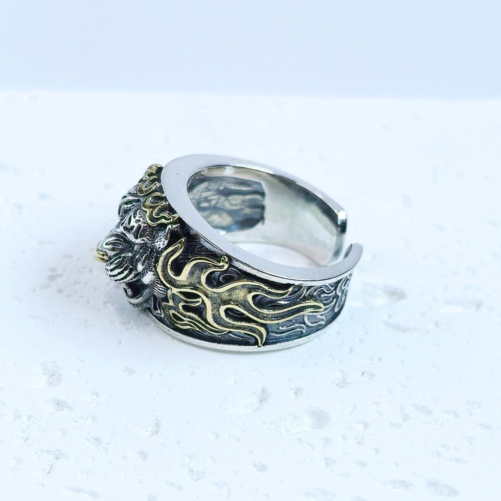 Handmade S925 Sterling Silver Tiger Head Ring – Green Eyes & Gold Detailing – Men’s Gothic Animal Jewelry