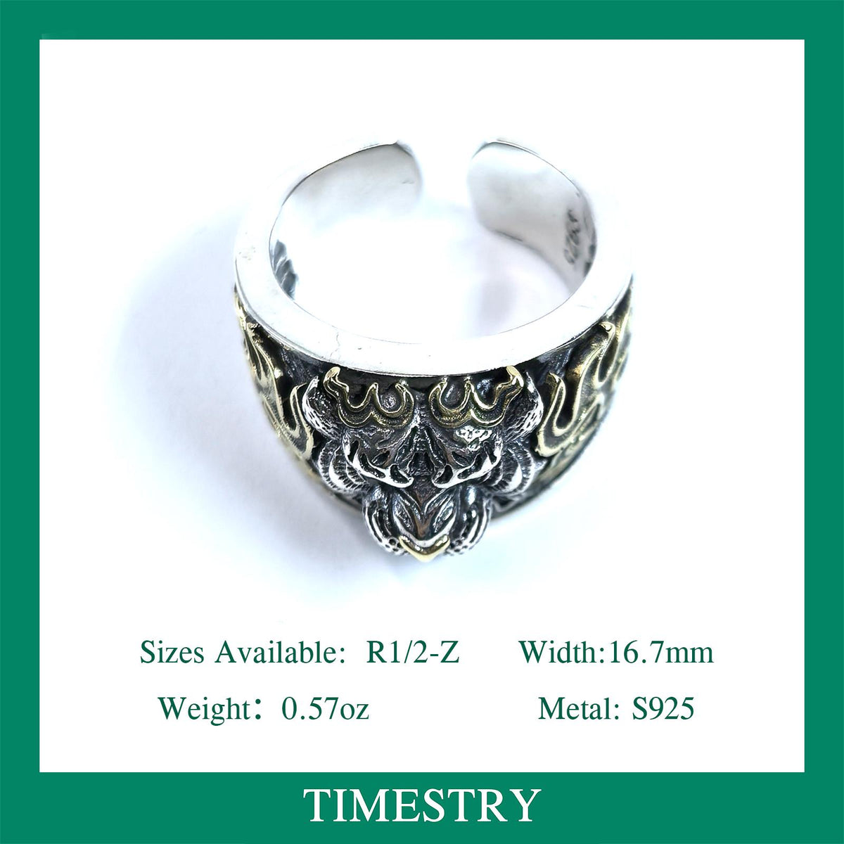 Handmade S925 Sterling Silver Tiger Head Ring – Green Eyes & Gold Detailing – Men’s Gothic Animal Jewelry