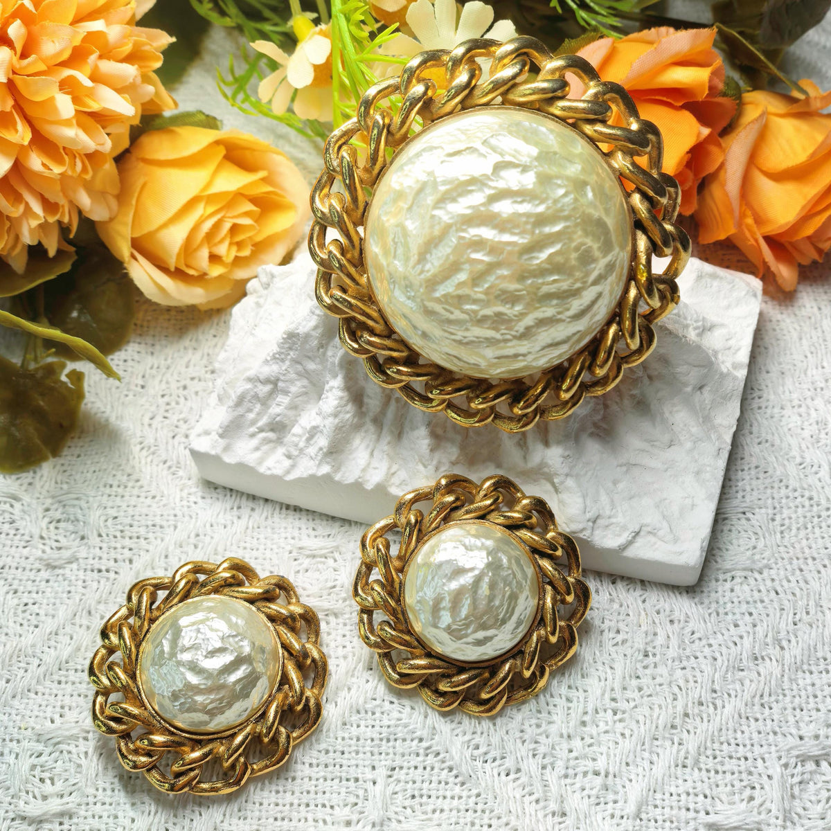 Rare Set - 1950s Vintage Sarah Coventry Faux Pearl Brooch & Earrings Set Gold Tone Statement Jewelry Signed Sarah Cov Costume Jewelry