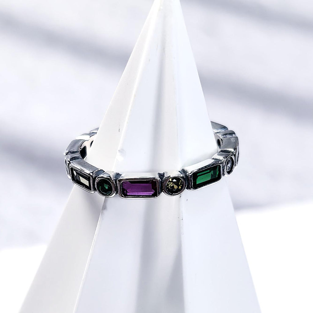 925 Sterling Silver Colorful Zircon Open Ring Rainbow Adjustable Stacking Band