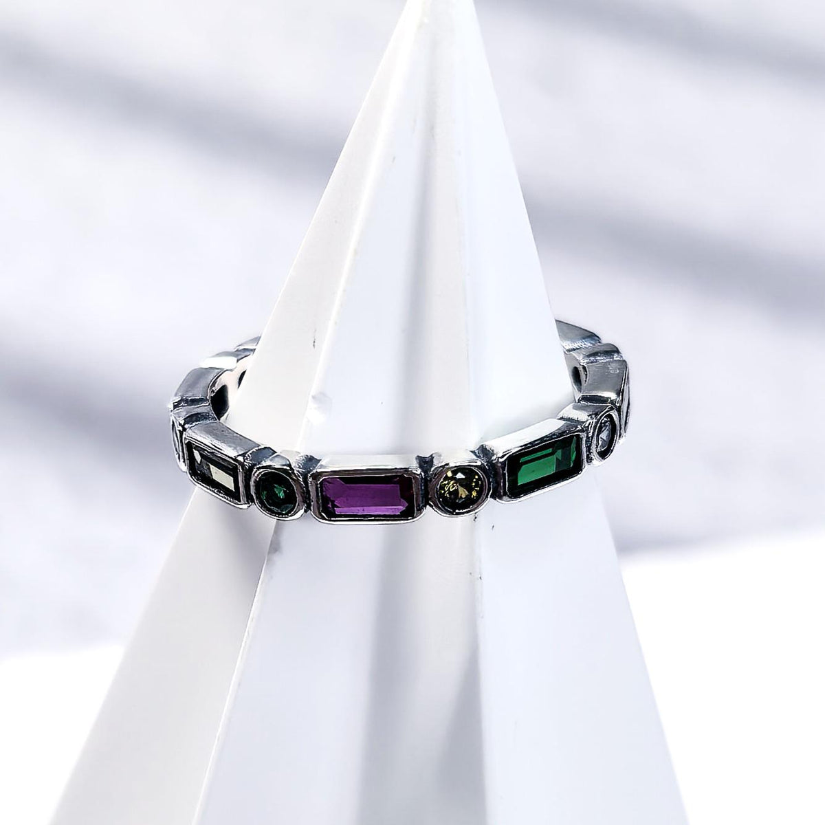 925 Sterling Silver Colorful Zircon Open Ring Rainbow Adjustable Stacking Band