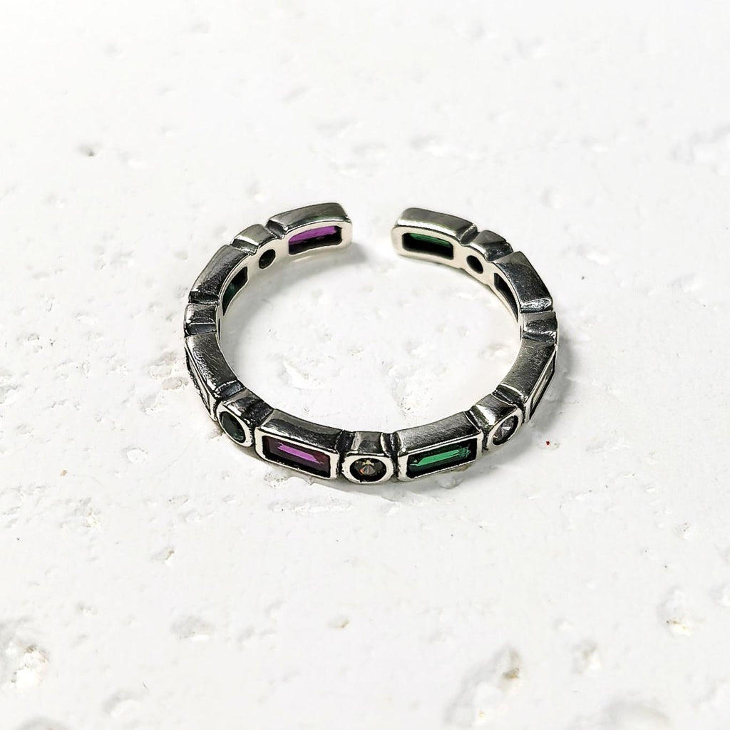 925 Sterling Silver Colorful Zircon Open Ring Rainbow Adjustable Stacking Band