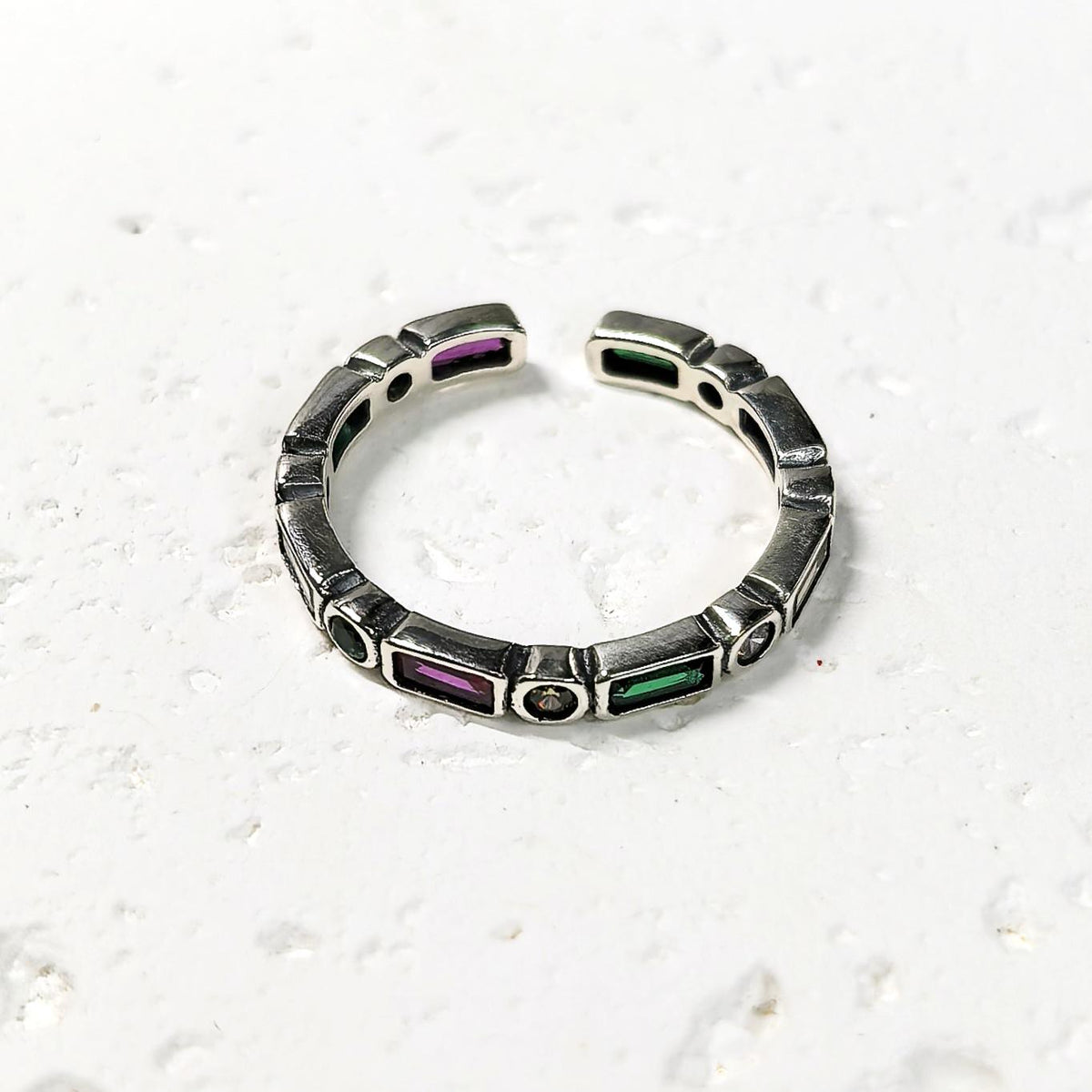 925 Sterling Silver Colorful Zircon Open Ring Rainbow Adjustable Stacking Band
