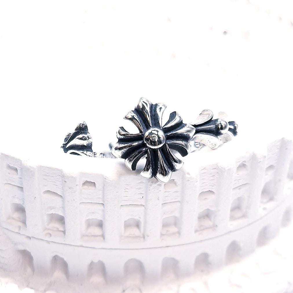 925 Sterling Silver Gothic Cross Flower Ring Oxidized Silver Open Ring Vintage Style Floral Statement Jewelry