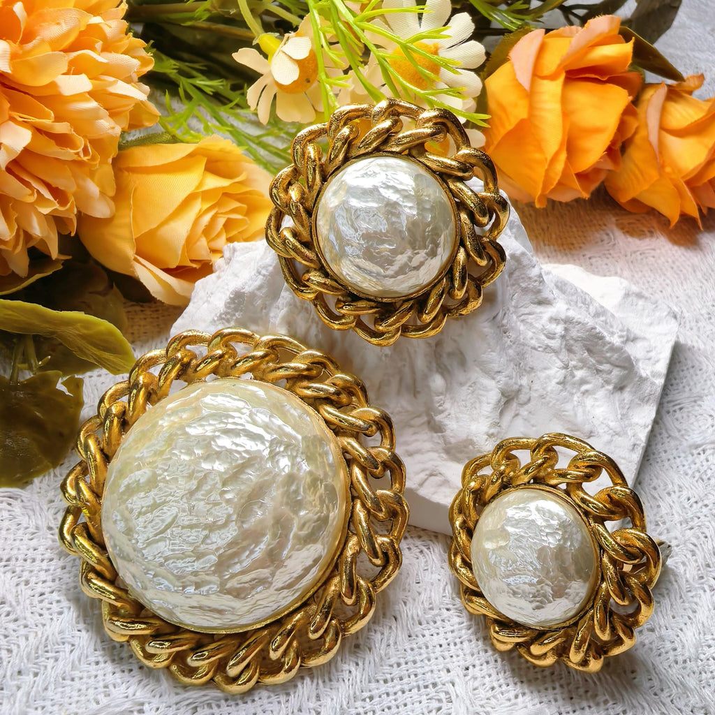 Rare Set - 1950s Vintage Sarah Coventry Faux Pearl Brooch & Earrings Set Gold Tone Statement Jewelry Signed Sarah Cov Costume Jewelry