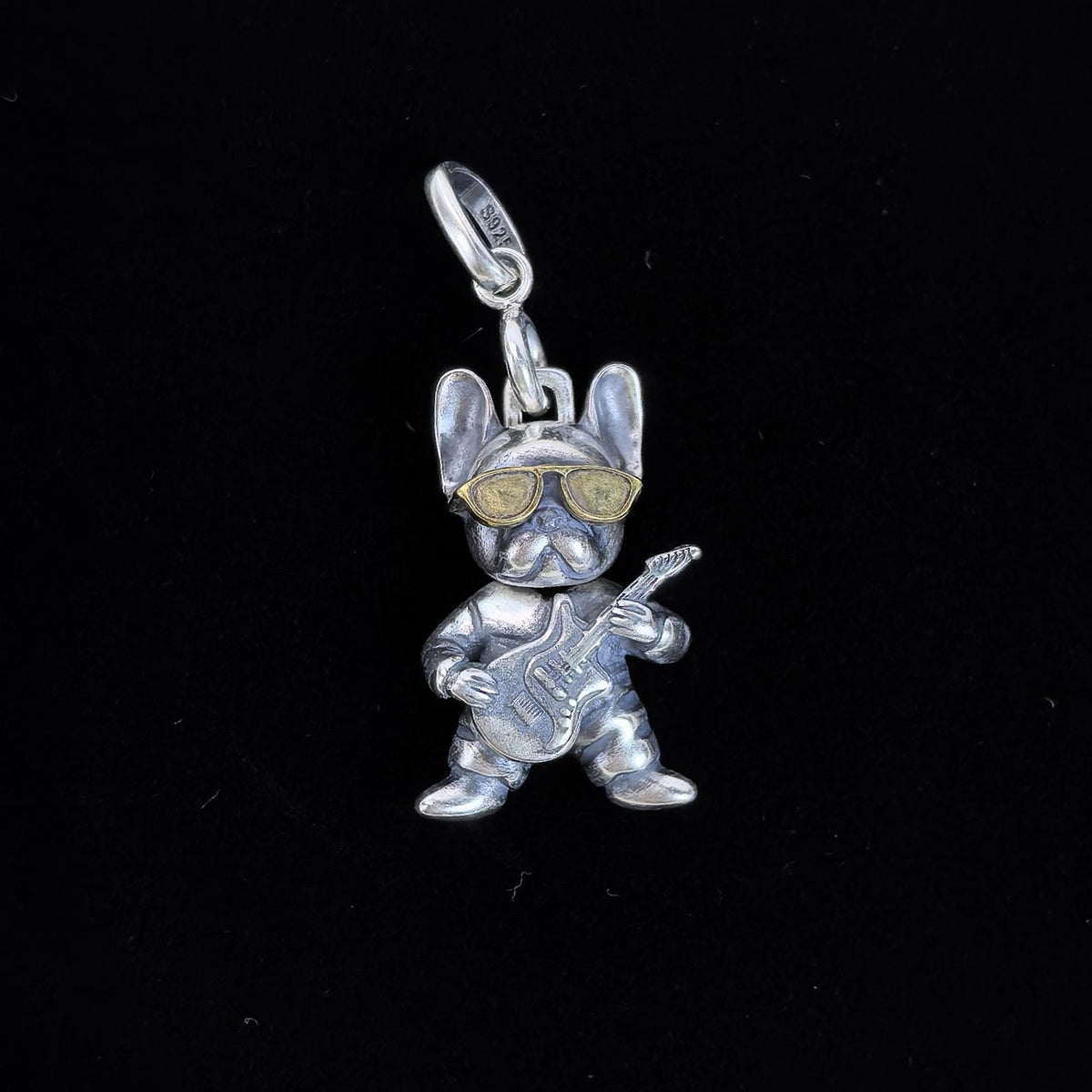 Sterling Silver Bulldog Guitar Pendant: Custom Engraved Dog Lover Necklace