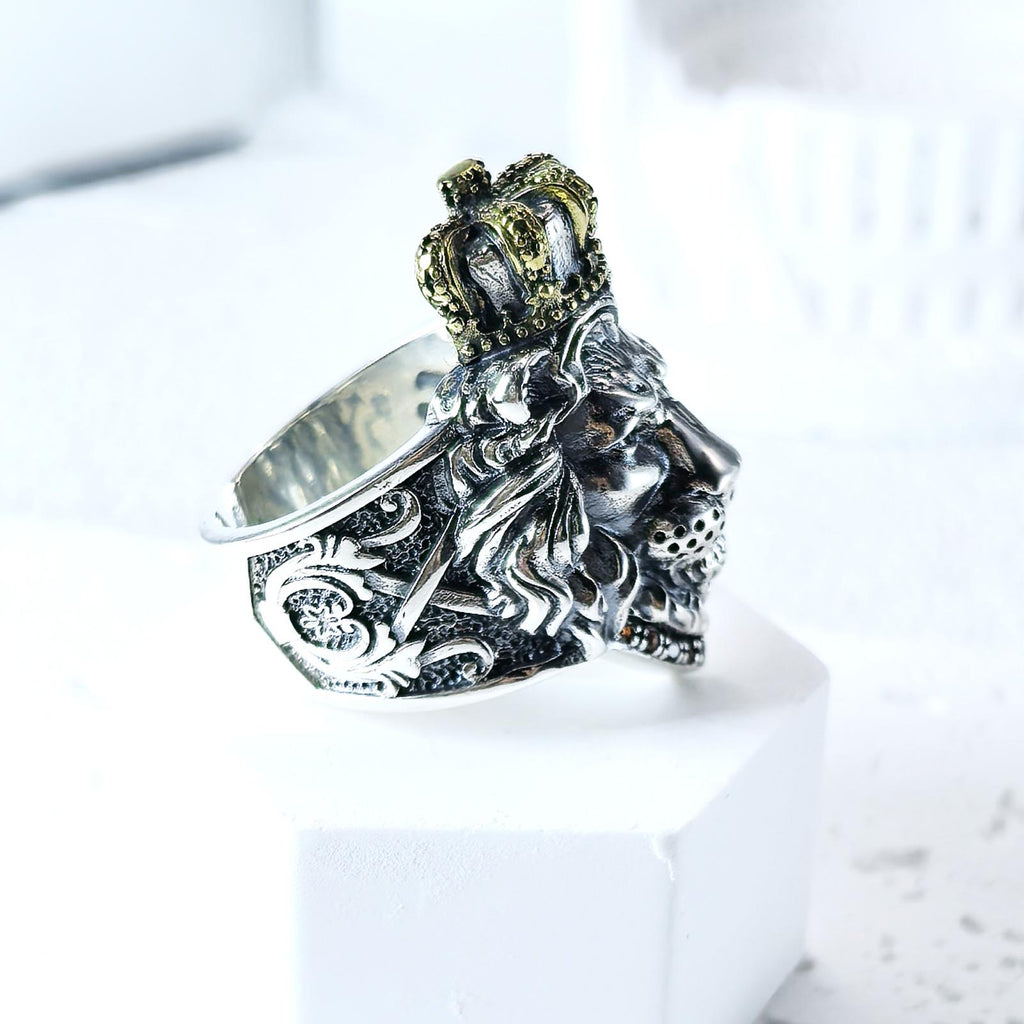 Sterling Silver 925 Lion Head Crown Ring Heavy Gothic Biker Statement