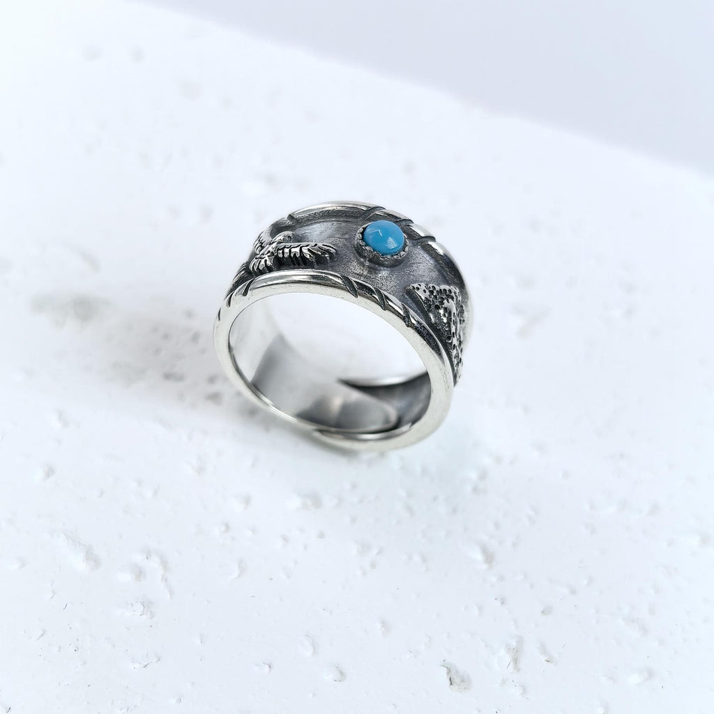 S925 Sterling Silver Turquoise Ring – Eagle Design Band Custom Engraved