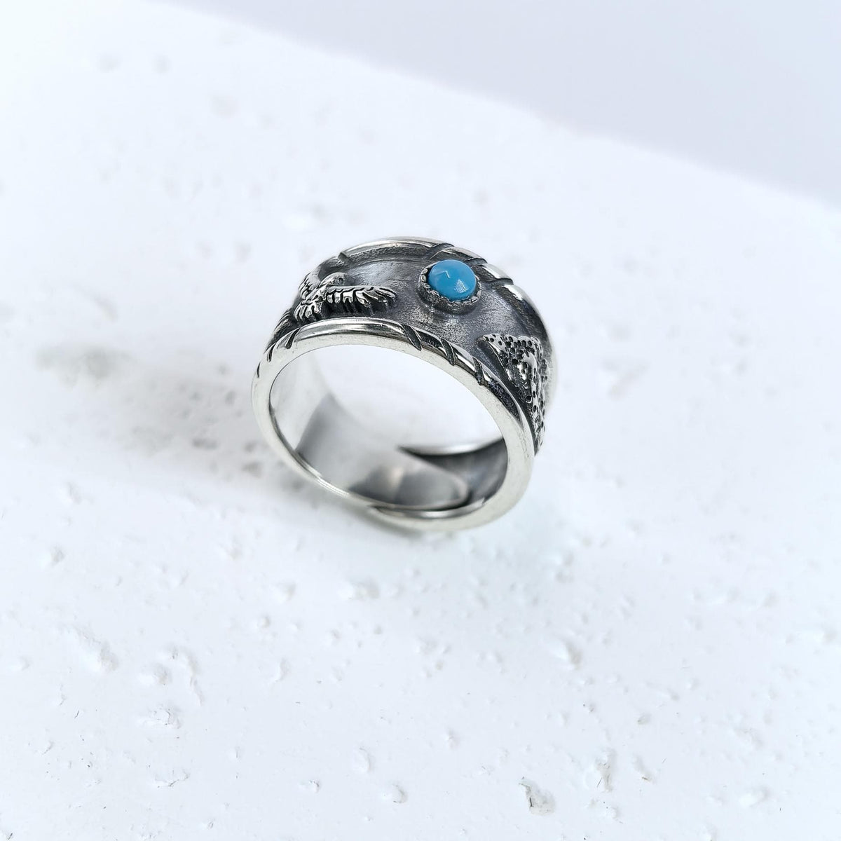 S925 Sterling Silver Turquoise Ring – Eagle Design Band Custom Engraved