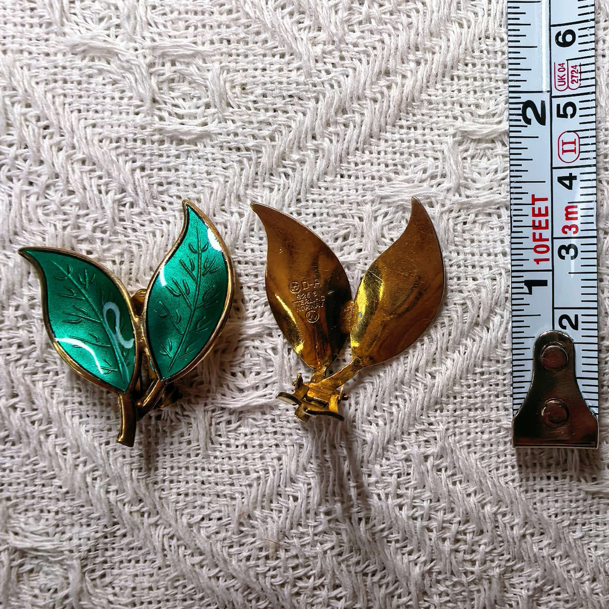 Vintage David Andersen Norway Green Enamel Double Leaf Clip On Earrings Sterling