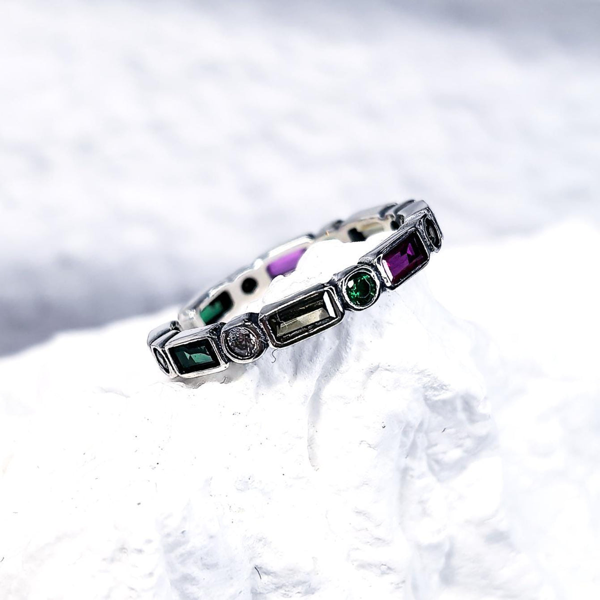 925 Sterling Silver Colorful Zircon Open Ring Rainbow Adjustable Stacking Band