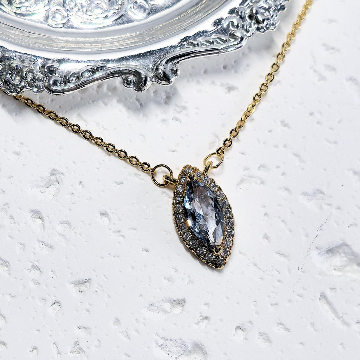Eye of the Ocean- Natural Aquamarine S925 Sterling Silver Necklace with 18K Gold-Plated Zircon Border